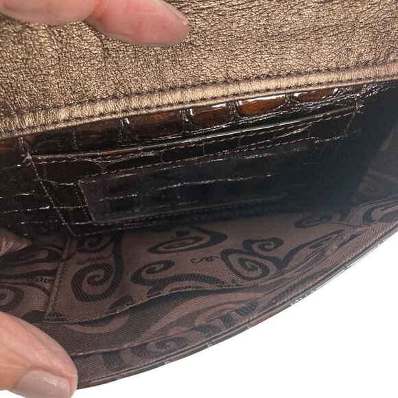 Brighton Croc Embossed Patent Leather Brown Cross Body Bag Converts To Clutch - Picture 7 of 10